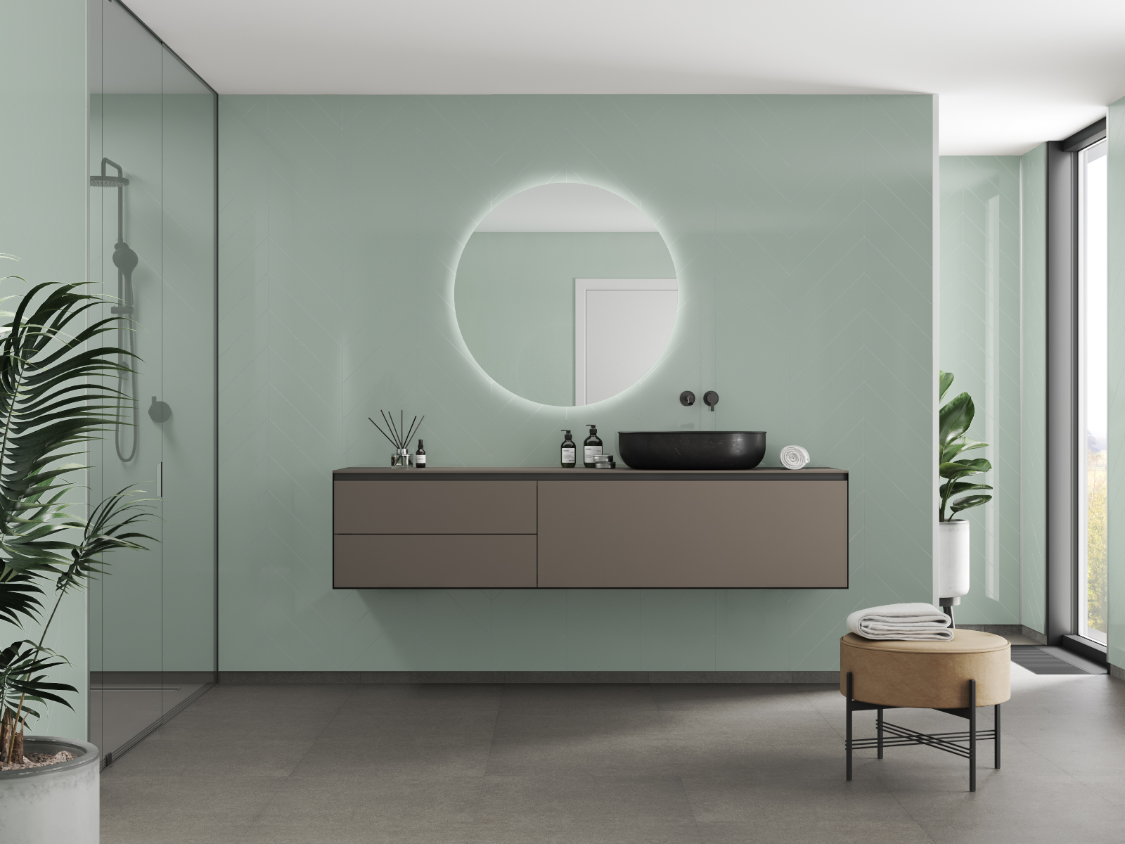 4085_LightMint_M78_Bathroom_web_1 Badkamer met Light Mint visgraat tegels