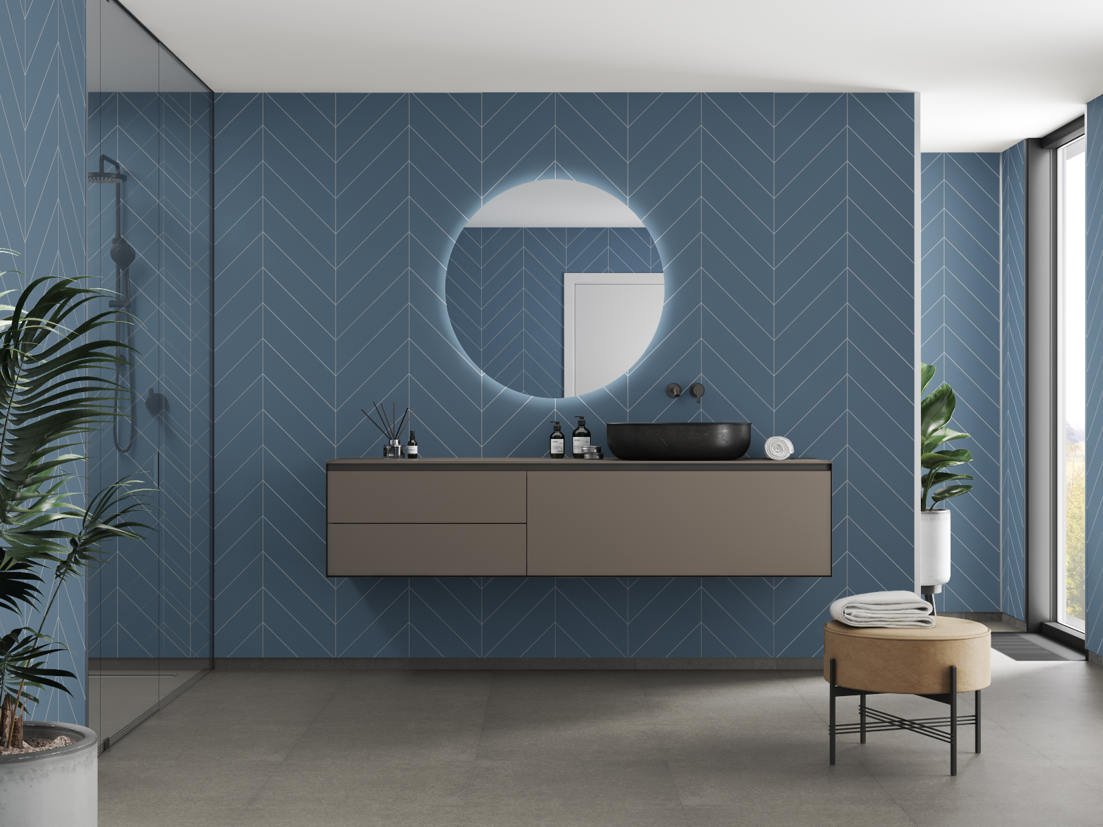 6274_DustyBlue_M78_Bathroom_web_1 Badkamer met Dusty Blue visgraat tegels