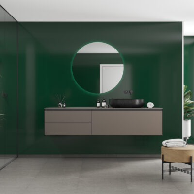 Een badkamer met de Bottle Green wandpanelen van Fibo System