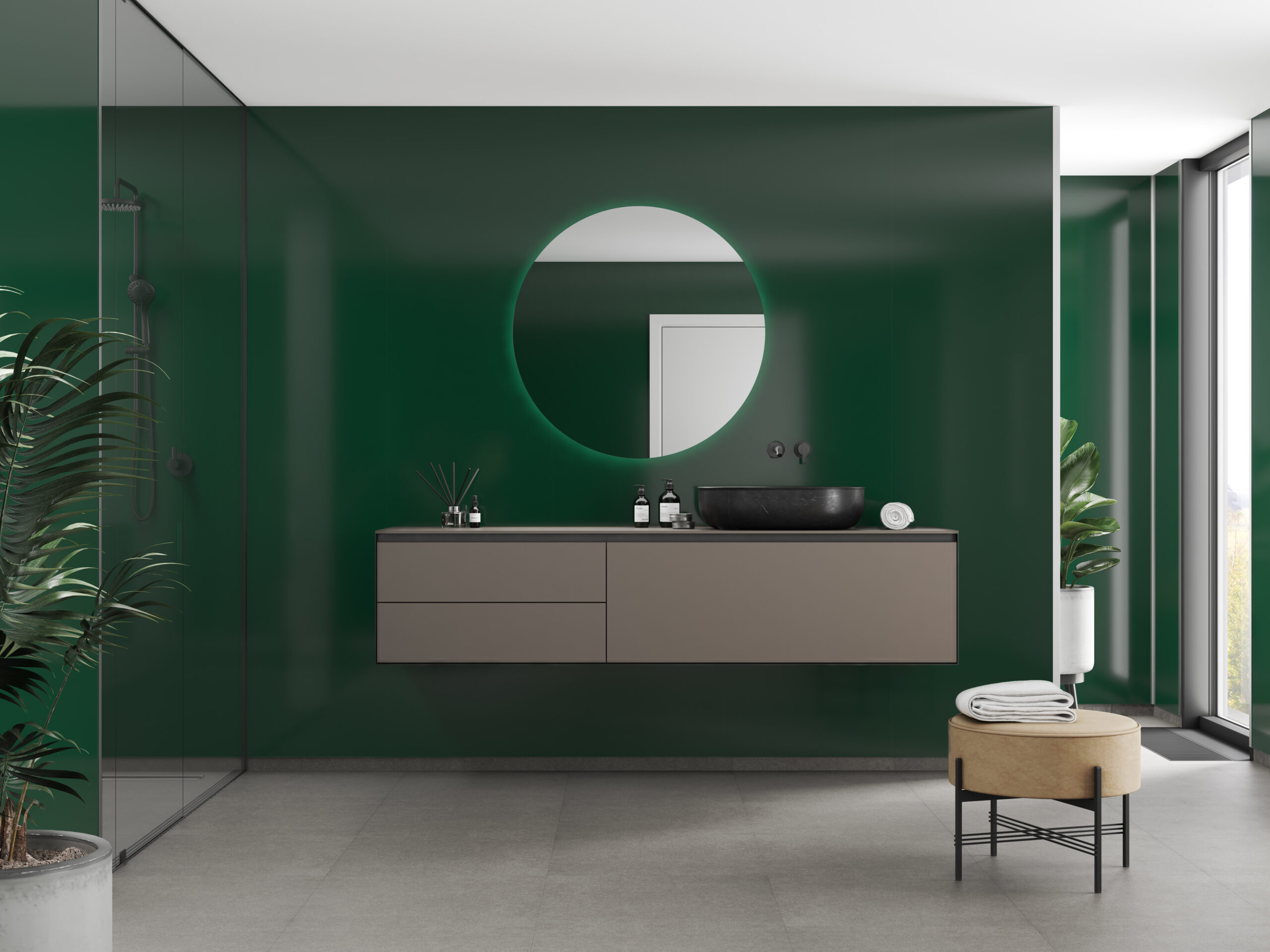 Een badkamer met de Bottle Green wandpanelen van Fibo System