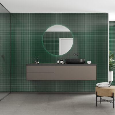 Een badkamer met de Bottle Green wandpanelen van Fibo System