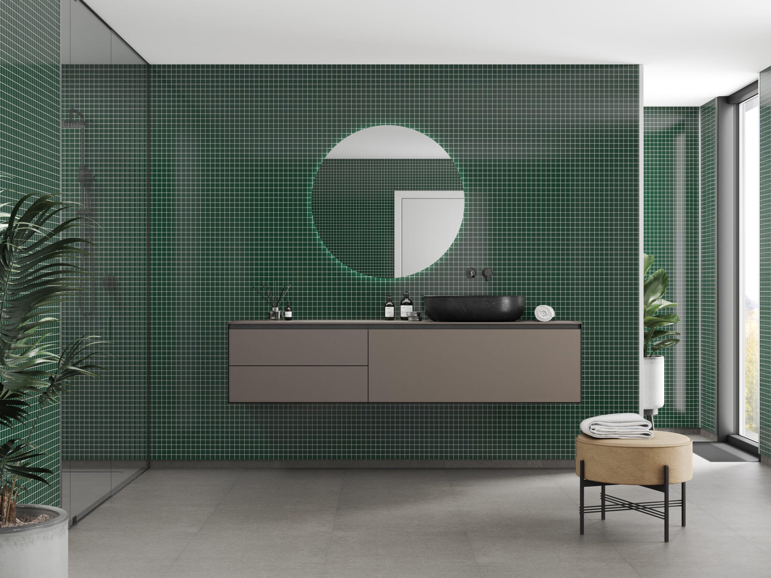 Een badkamer met de Bottle Green wandpanelen van Fibo System