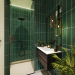 Een badkamer met de Bottle Green wandpanelen van Fibo System