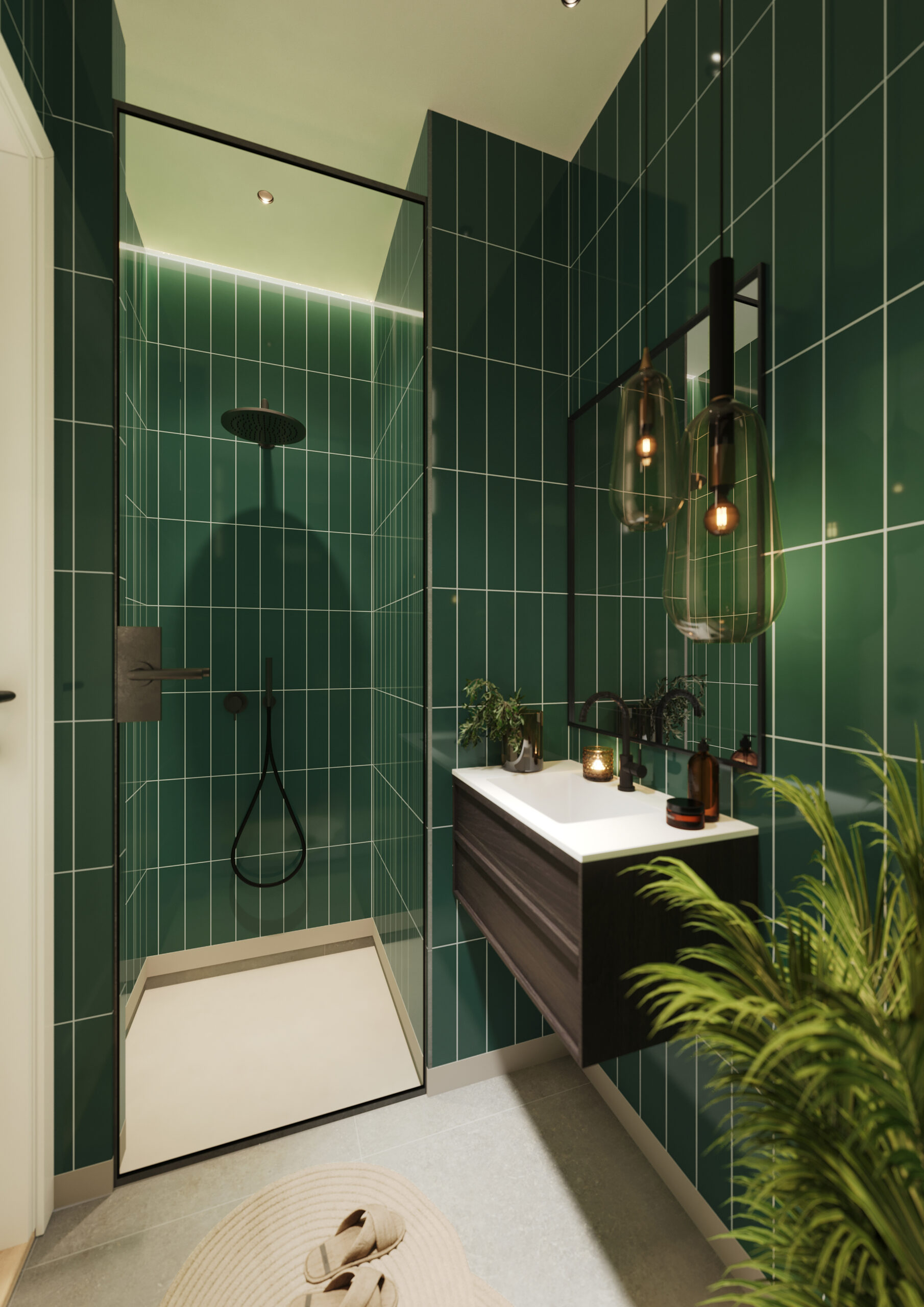 Een badkamer met de Bottle Green wandpanelen van Fibo System