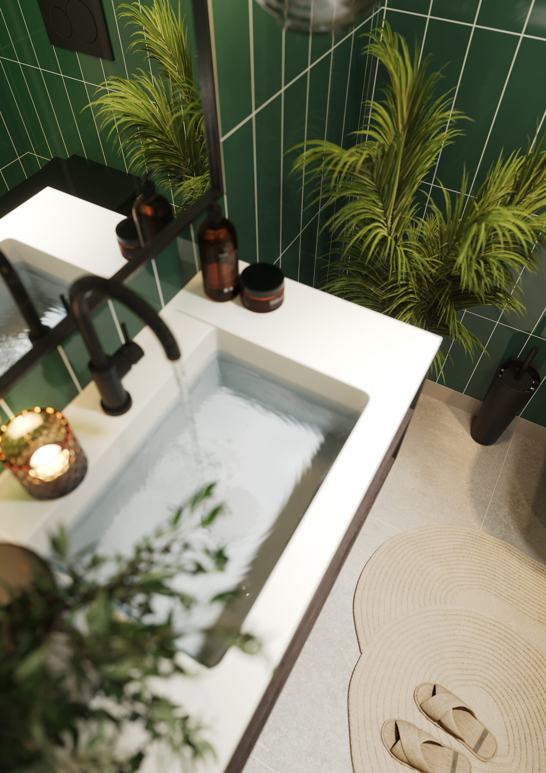 Een badkamer met de Bottle Green wandpanelen van Fibo System