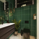 Een badkamer met de Bottle Green wandpanelen van Fibo System
