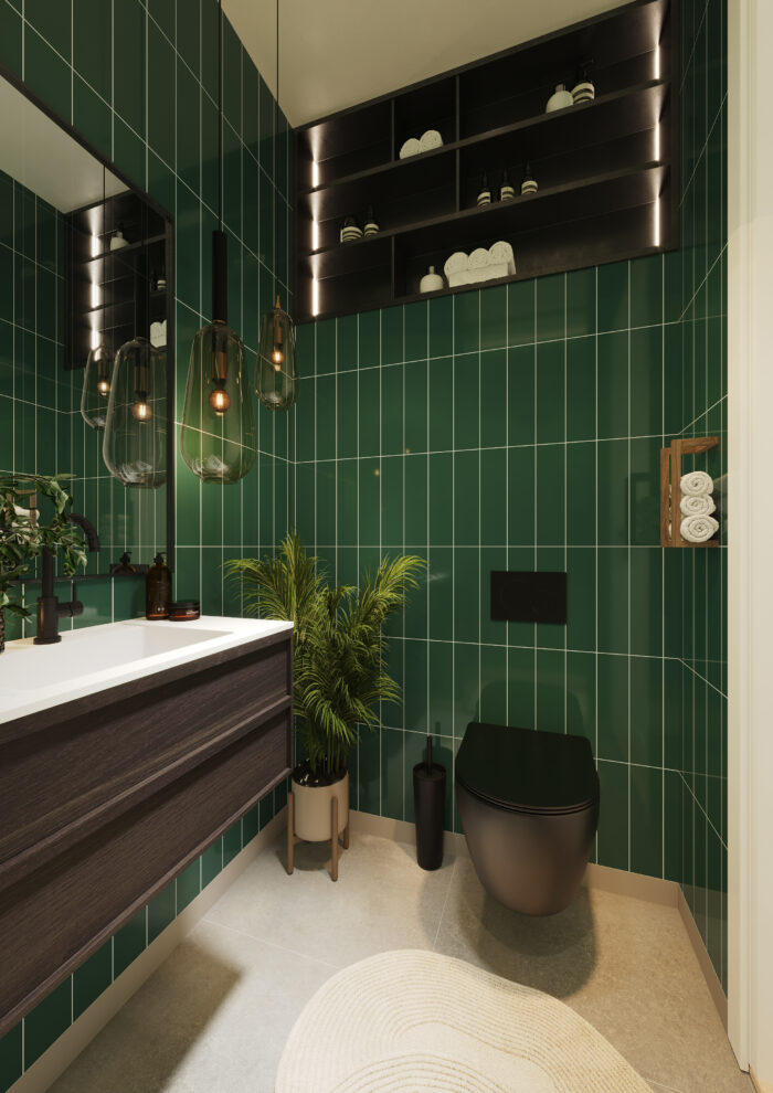 Een badkamer met de Bottle Green wandpanelen van Fibo System