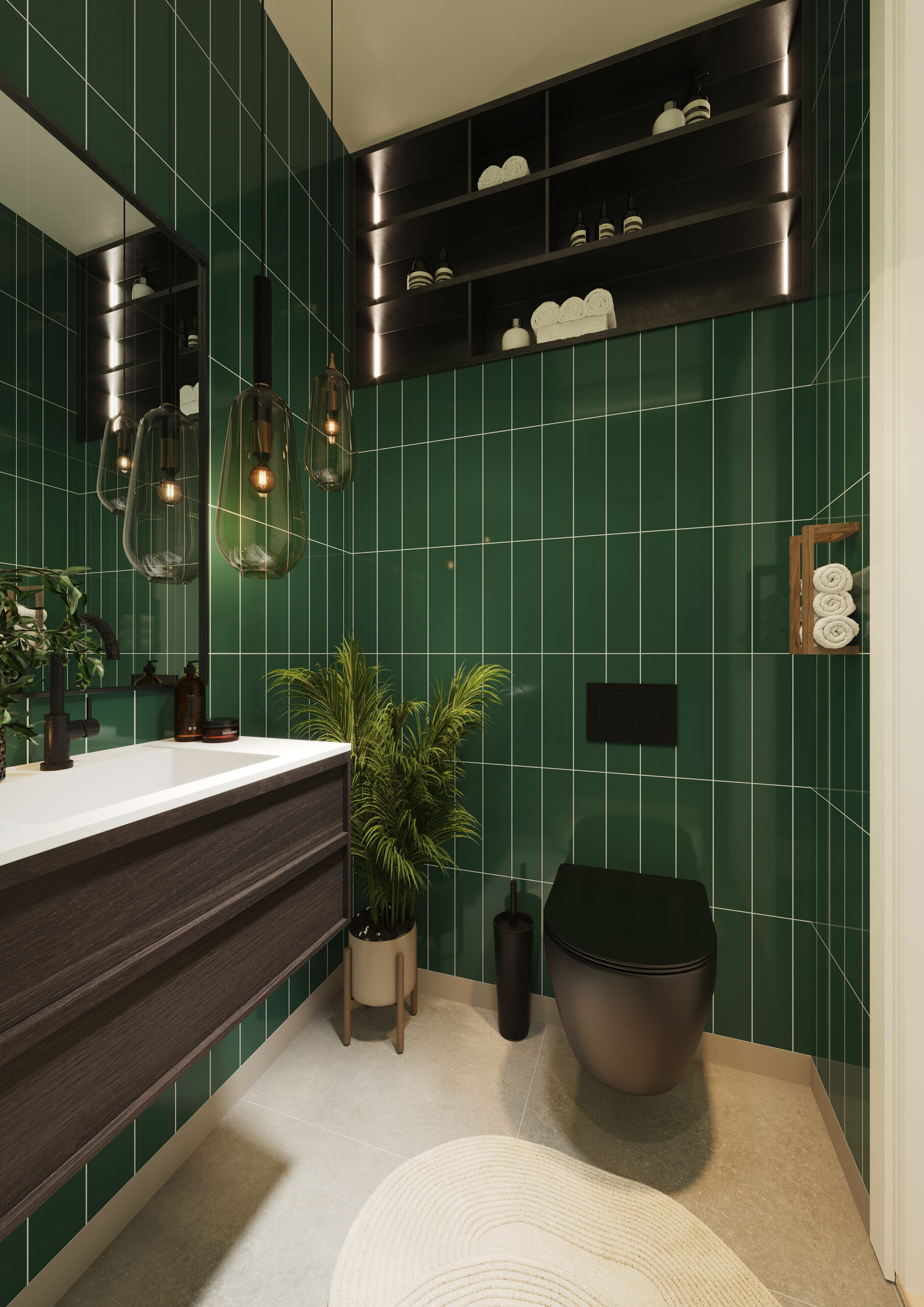 Een badkamer met de Bottle Green wandpanelen van Fibo System