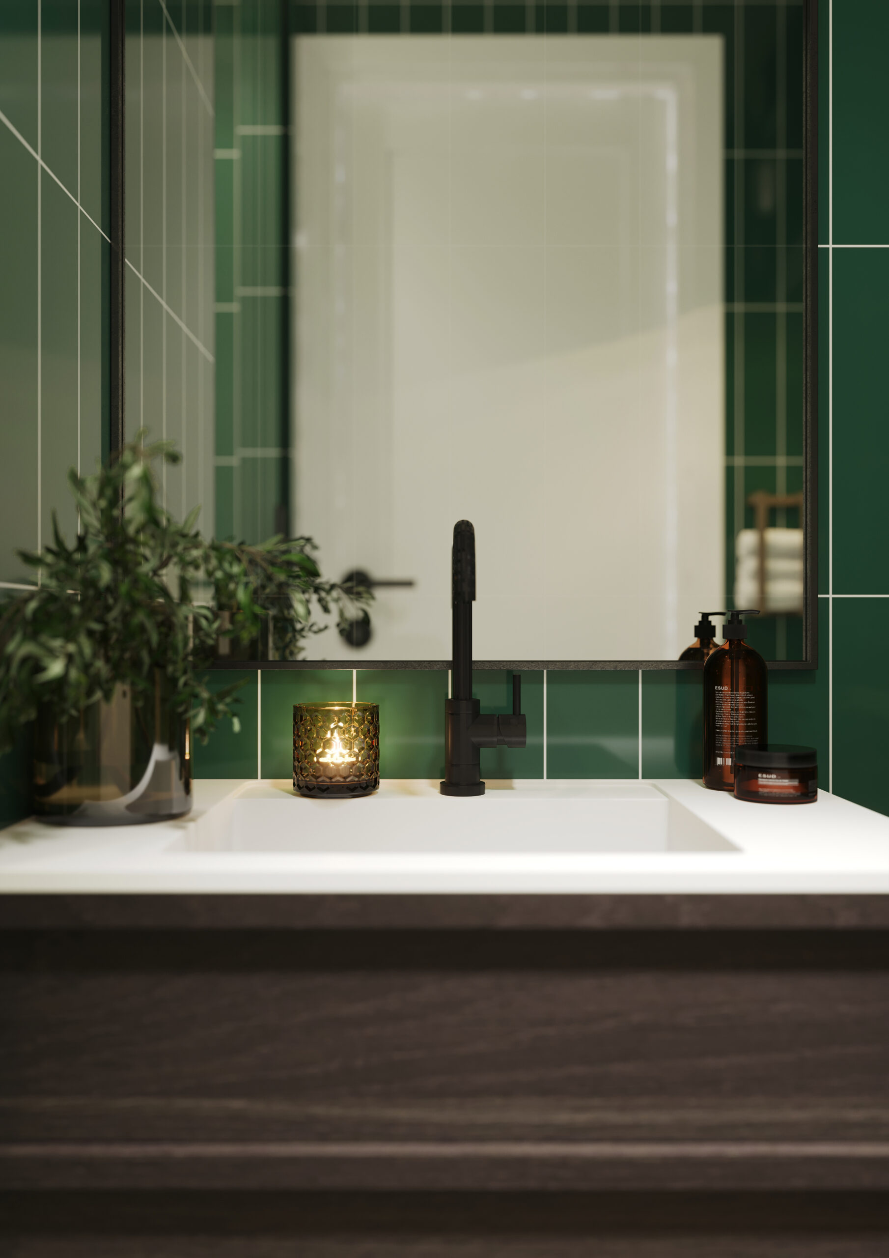 Een badkamer met de Bottle Green wandpanelen van Fibo System