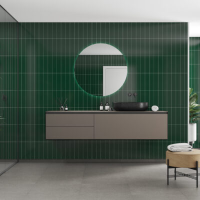 Een badkamer met de Bottle Green wandpanelen van Fibo System