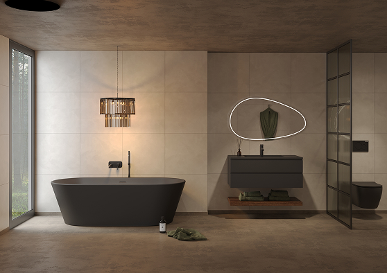 Een badkamer met Fibo wandpanelen van de collectie Cloudy Onyx met voeglijn