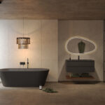 Een badkamer met Fibo wandpanelen van de collectie Cloudy Onyx met voeglijn