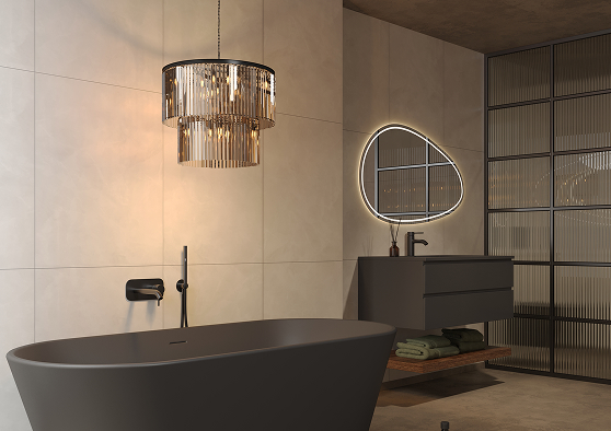 Schuin aanzicht van een badkamer met Fibo wandpanelen van de collectie Cloudy Onyx met voeglijn