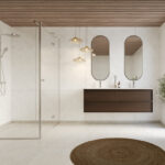 Een badkamer met Fibo wandpanelen van de collectie Cloudy Onyx met voeglijn