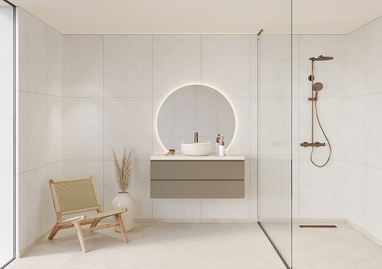 Een badkamer met Fibo wandpanelen van de collectie Cloudy Onyx met voeglijn