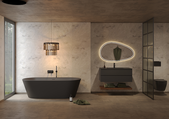 Een badkamer met Fibo wandpanelen van de collectie Arctic Onyx zonder voeglijn