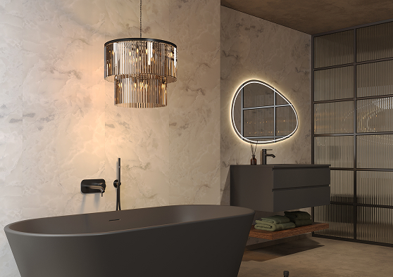 Schuin aanzicht van een badkamer met Fibo wandpanelen van de collectie Arctic Onyx zonder voeglijn