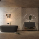 Een badkamer met Fibo wandpanelen van de collectie Arctic Onyx 60 x 60 cm