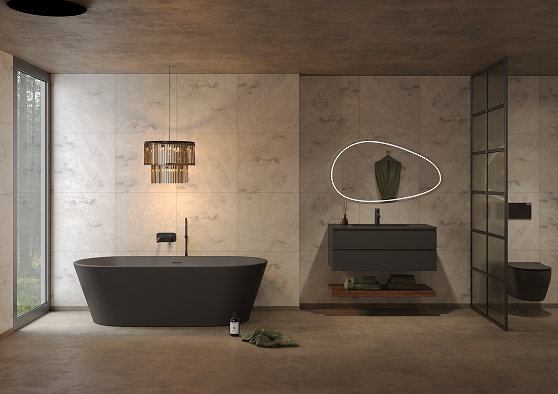 Een badkamer met Fibo wandpanelen van de collectie Arctic Onyx 60 x 60 cm