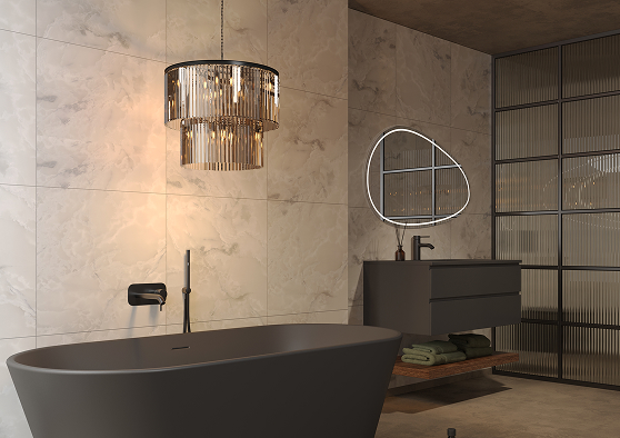 Schuin aanzicht van een badkamer met Fibo wandpanelen van de collectie Arctic Onyx 60 x 60 cm