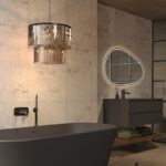 Schuin aanzicht van een badkamer met Fibo wandpanelen van de collectie Arctic Onyx 60 x 80 cm