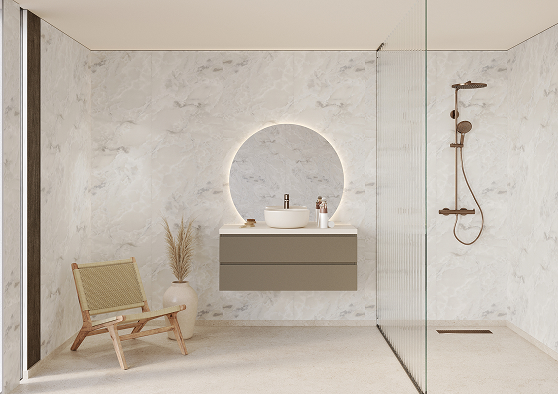 Een badkamer met Fibo wandpanelen van de collectie Arctic Onyx zonder voeglijn