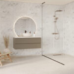 Schuin aanzicht van een badkamer met Fibo wandpanelen van de collectie Arctic Onyx zonder voeglijn