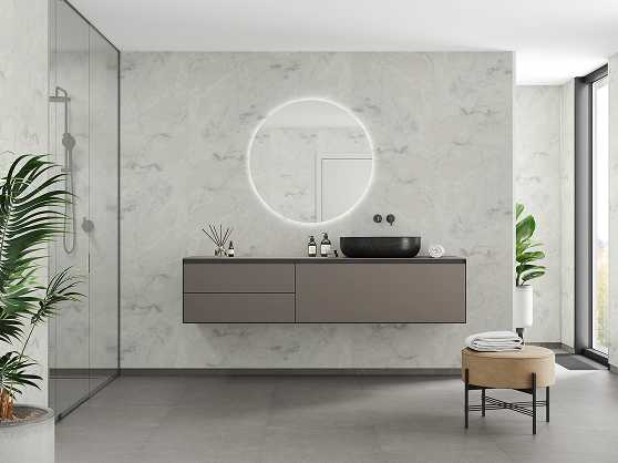 Een badkamer met Fibo wandpanelen van de collectie Arctic Onyx zonder voeglijn