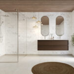 Een badkamer met Fibo wandpanelen van de collectie Arctic Onyx 60 x 60 cm