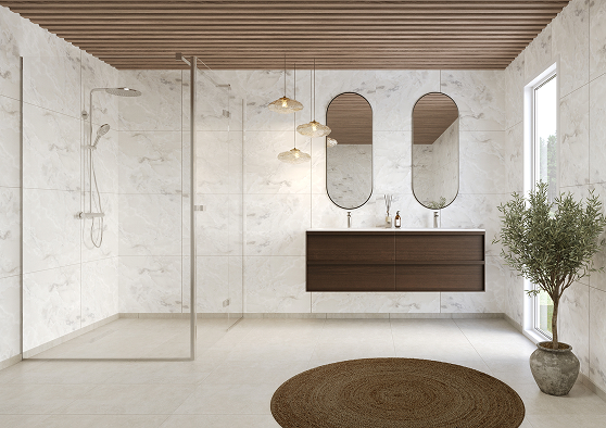 Een badkamer met Fibo wandpanelen van de collectie Arctic Onyx 60 x 60 cm