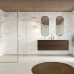 Een badkamer met Fibo wandpanelen van de collectie Arctic Onyx 60 x 80 cm