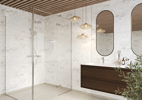 Schuin aanzicht van een badkamer met Fibo wandpanelen van de collectie Arctic Onyx 60 x 80 cm