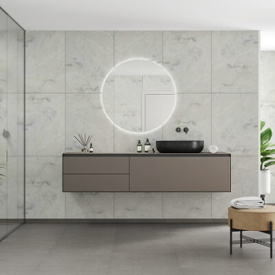 Een badkamer met Fibo wandpanelen van de collectie Arctic Onyx 60 x 80 cm