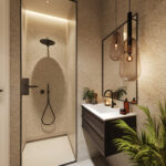 Een badkamer met Fibo wandpanelen van de collectie Pebble Granite zonder voeglijn