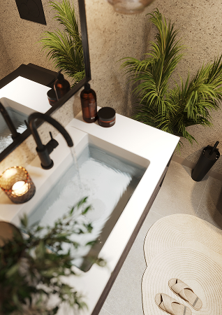 Een badkamer met Fibo wandpanelen van de collectie Pebble Granite zonder voeglijn