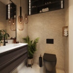 Een badkamer met Fibo wandpanelen van de collectie Pebble Granite zonder voeglijn