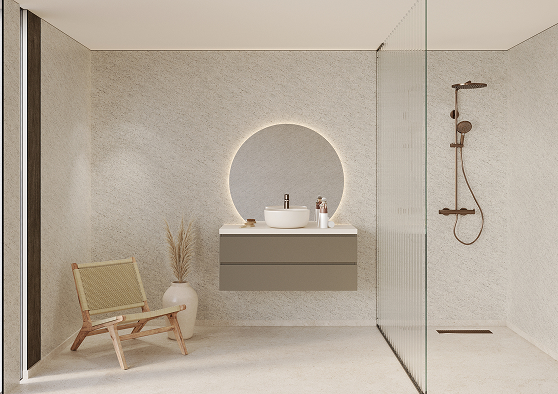 Een badkamer met Fibo wandpanelen van de collectie Pebble Granite zonder voeglijn