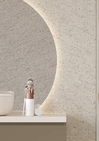 Een close up foto van de Fibo wandpanelen van de collectie Pebble Granite zonder voeglijn