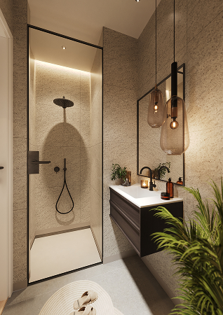 Een badkamer met Fibo wandpanelen van de collectie Pebble Granite 60 x 60 cm