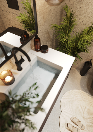 Een badkamer met Fibo wandpanelen van de collectie Pebble Granite 60 x 60 cm