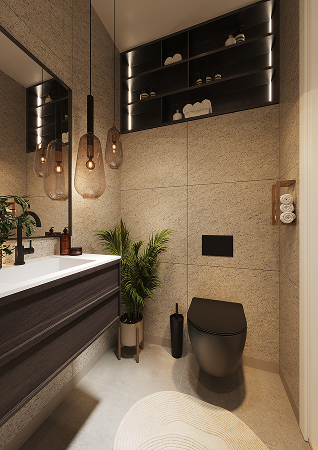 Een badkamer met Fibo wandpanelen van de collectie Pebble Granite 60 x 60 cm