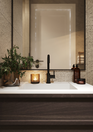 Een badkamer met Fibo wandpanelen van de collectie Pebble Granite 60 x 60 cm