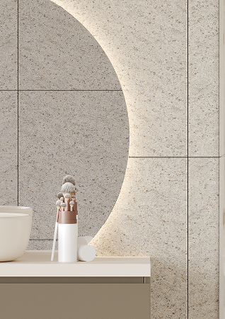 Een close up foto van de Fibo wandpanelen van de collectie Pebble Granite 60 x 60 cm