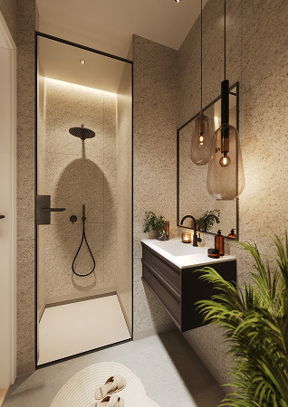 Een badkamer met Fibo wandpanelen van de collectie Pebble Granite 60 x 80 cm