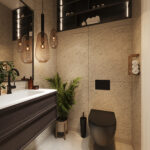 Een badkamer met Fibo wandpanelen van de collectie Pebble Granite 60 x 80 cm