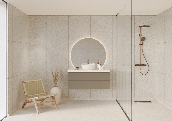 Een badkamer met Fibo wandpanelen van de collectie Pebble Granite 60 x 80 cm