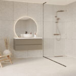 Een schuin aanzicht van een badkamer met Fibo wandpanelen van de collectie Pebble Granite 60 x 80 cm