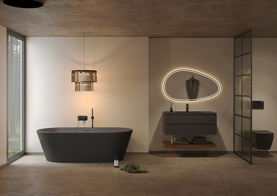 Een badkamer met Fibo wandpanelen van de collectie Salted Stone zonder voeglijn