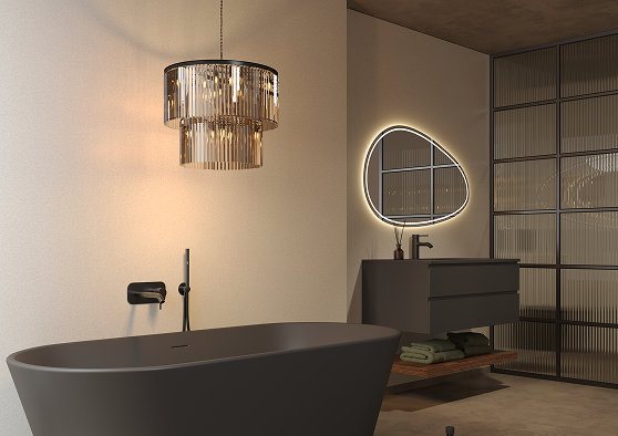 Schuin aanzicht van een badkamer met Fibo wandpanelen van de collectie Salted Stone zonder voeglijn