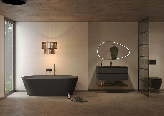 Een badkamer met Fibo wandpanelen van de collectie Salted Stone 60 x 60 cm